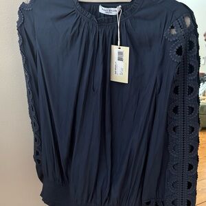 Ramy Brook Navy Blouse with Lace Sleeves